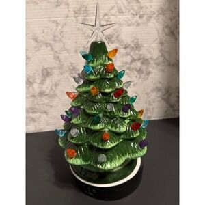 Battery Operated Lighted Green Ceramic Christmas Tree 10" Tall